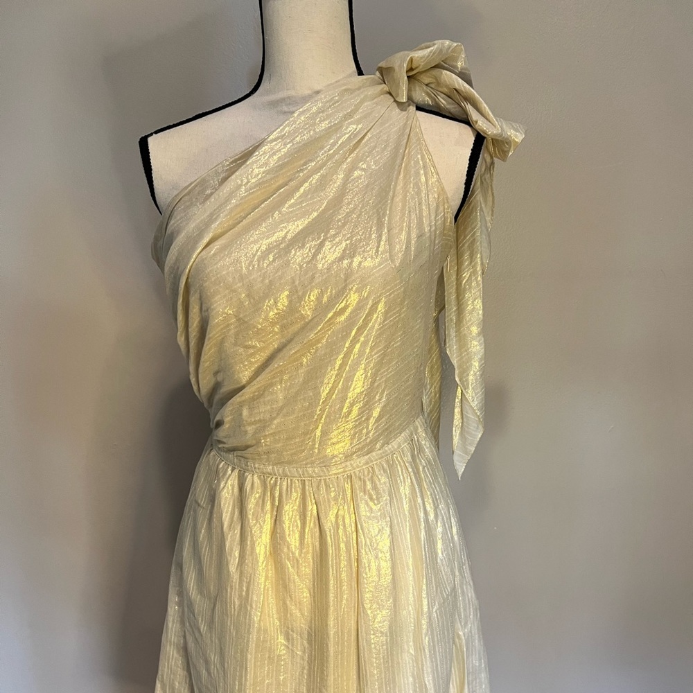 Off shoulder gold metallic dress